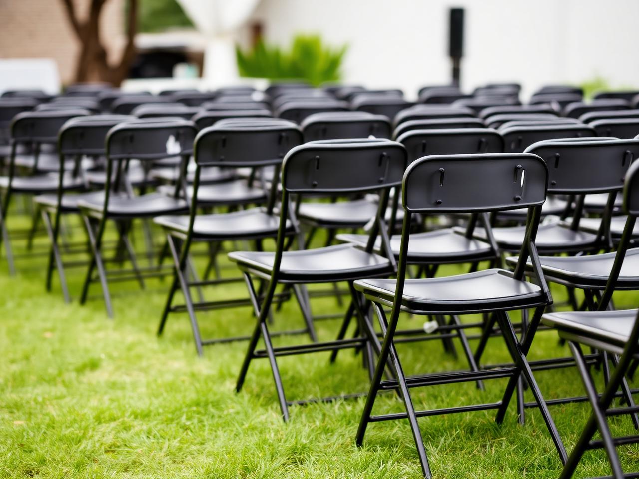 Black metal chairs at an evening event