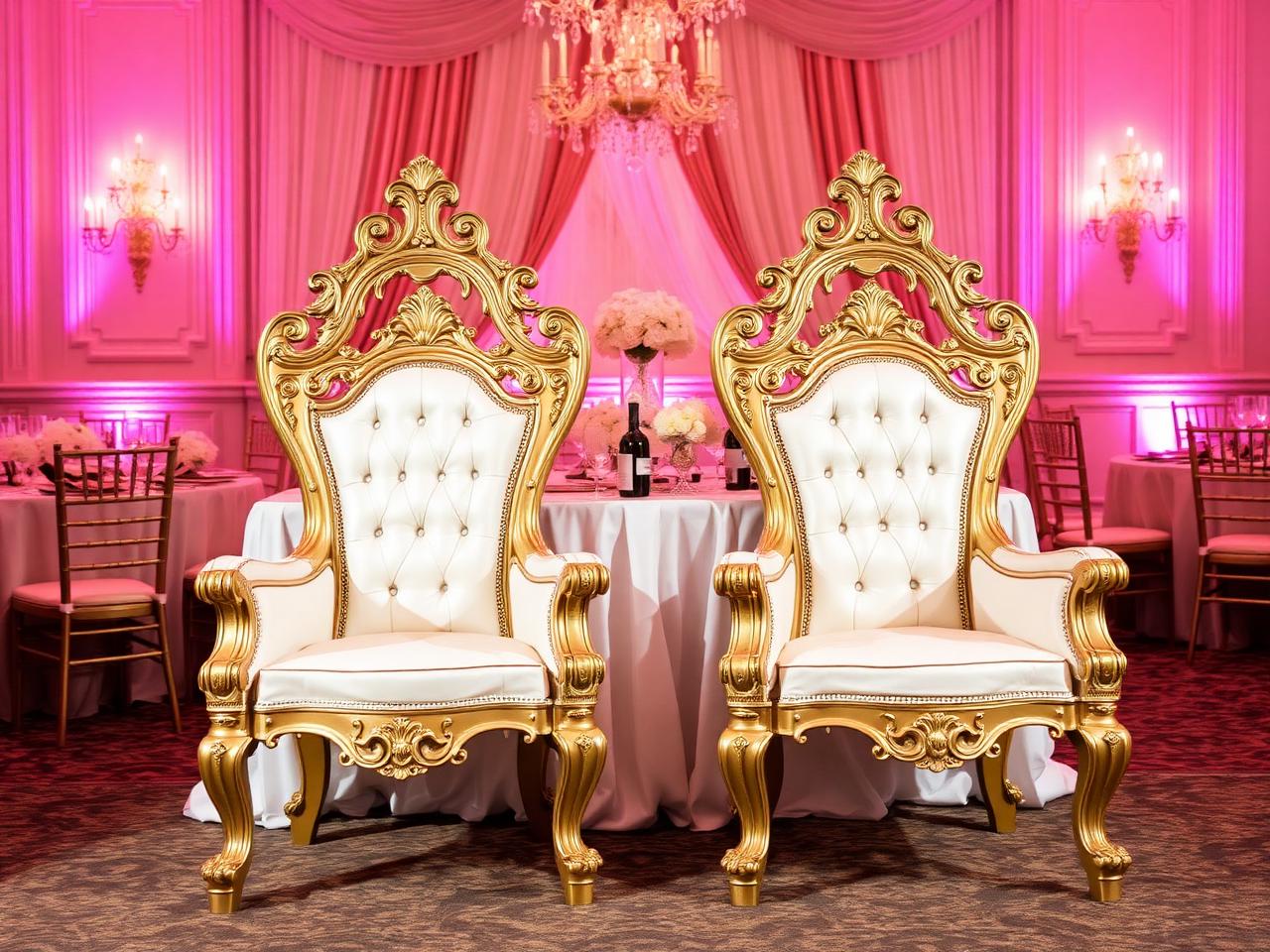 Gold throne chair styled at an elegant sweetheart table