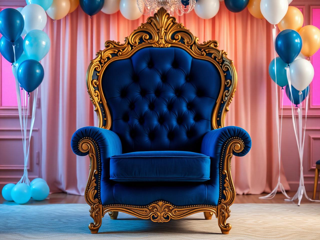 Blue velvet throne with balloon backdrop